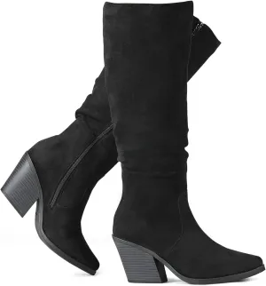 Putu Women's Pointed Toe Knee High Boots Faux Suede Stacked Chunky Heel Boots Side Zipper Slouchy High Boots