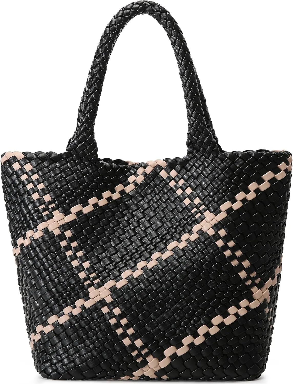 Queenoris Fashion Woven Tote Bag for Women, Shopper Bag Soft Vegan Leather Hand-woven Handbag with Purse