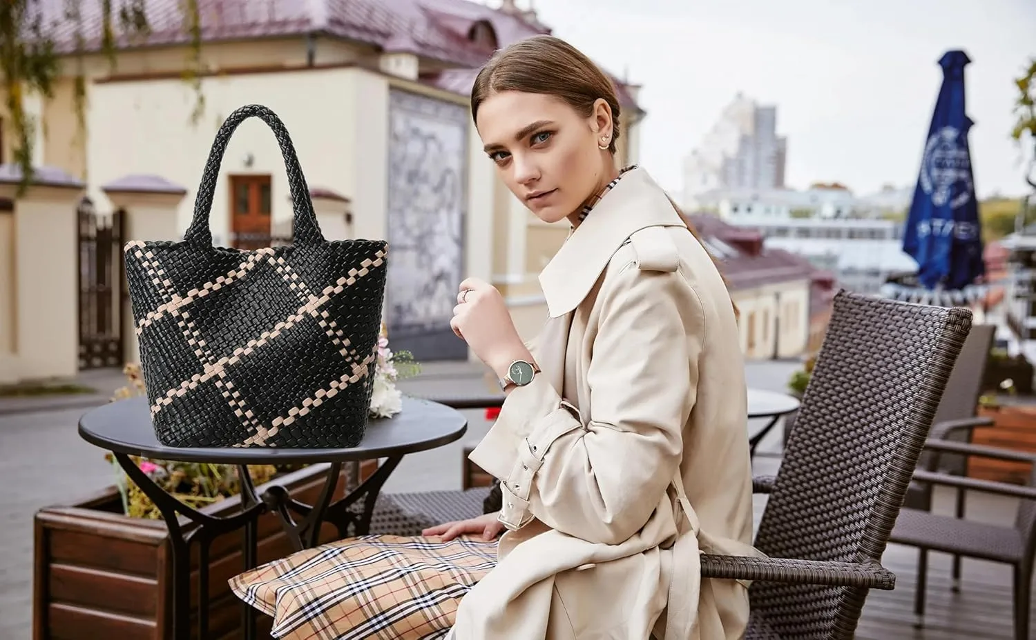 Queenoris Fashion Woven Tote Bag for Women, Shopper Bag Soft Vegan Leather Hand-woven Handbag with Purse