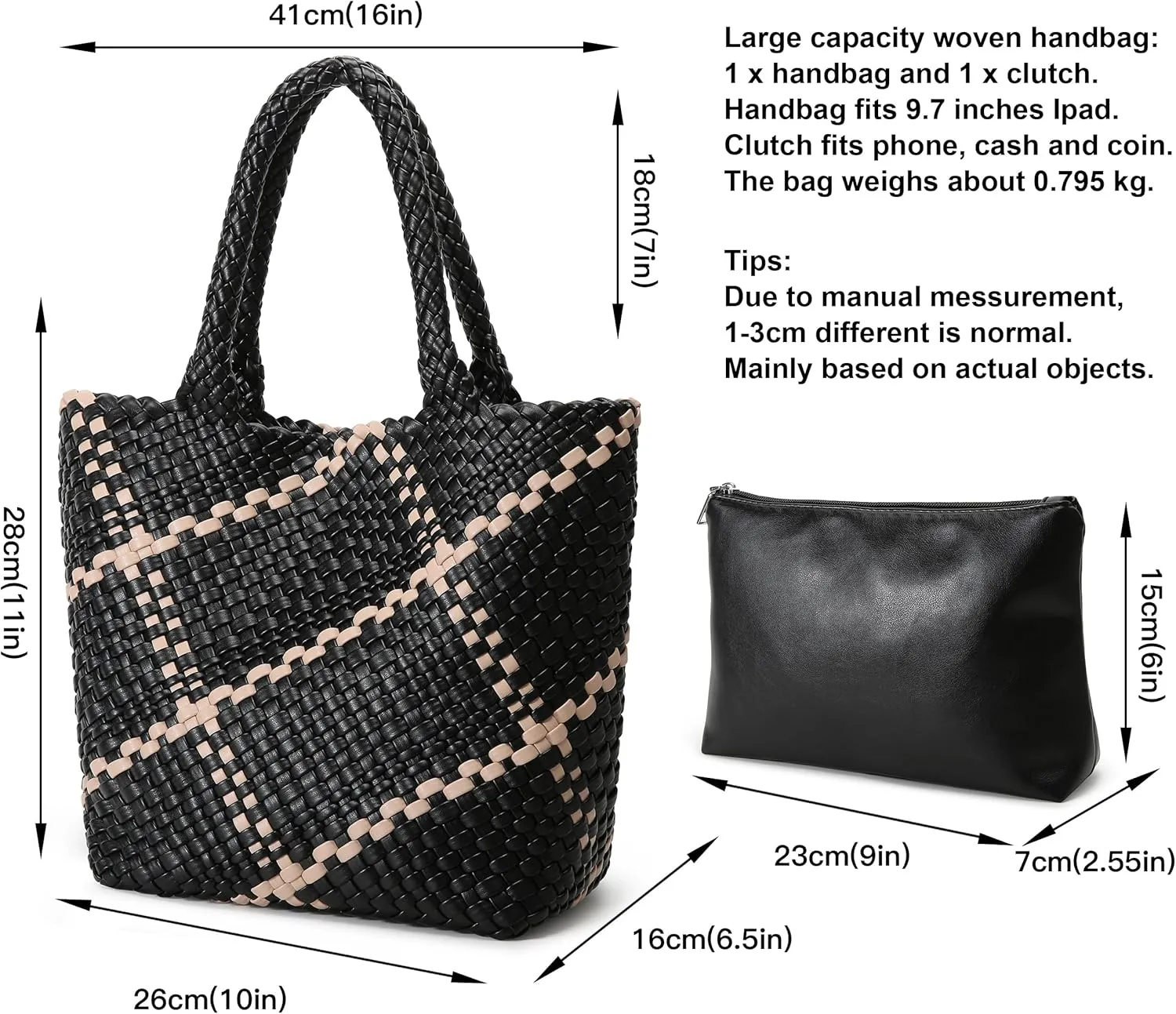 Queenoris Fashion Woven Tote Bag for Women, Shopper Bag Soft Vegan Leather Hand-woven Handbag with Purse