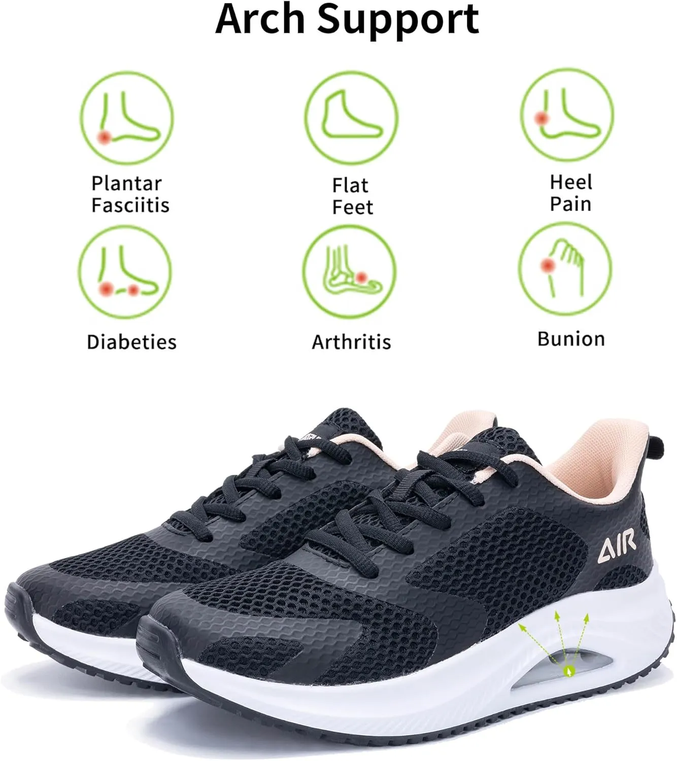 Quseek Womens Plantar Fasciitis Walking Shoes Orthotic Tennis Sneakers Comfortable Non-Slip Breathable Orthotic Shoe for Foot Heel Pain Relief Size US 6-11