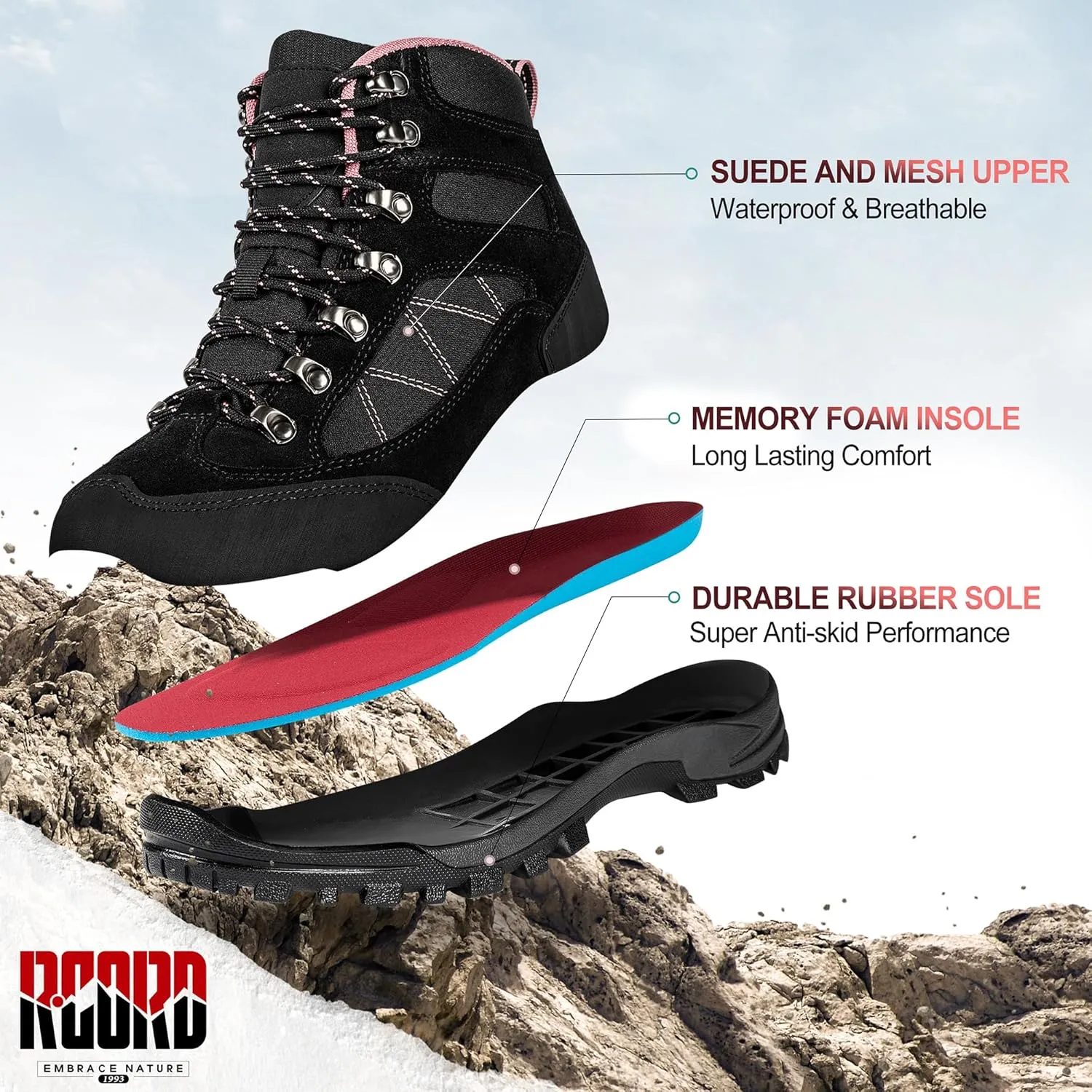 R CORD Hiking Boots Women Waterproof Ankle Support Womens Hiking Boots Backpacking Boots Breathable Non-slip Durable Hiking Boots for Outdoors