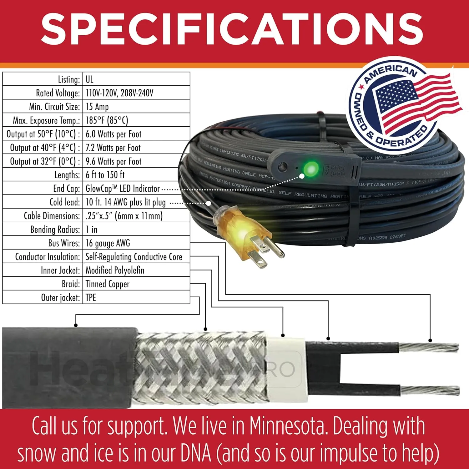 RADIANT SOLUTIONS HeatTapePro - Intelligent Commercial Grade Self-Regulating Heat Cable with GlowCap™ - 10 YR warranty - Ice Dam & Pipe Freeze Protection - 150 ft cable   10 Ft Cord, 120V, 6 watts/Ft