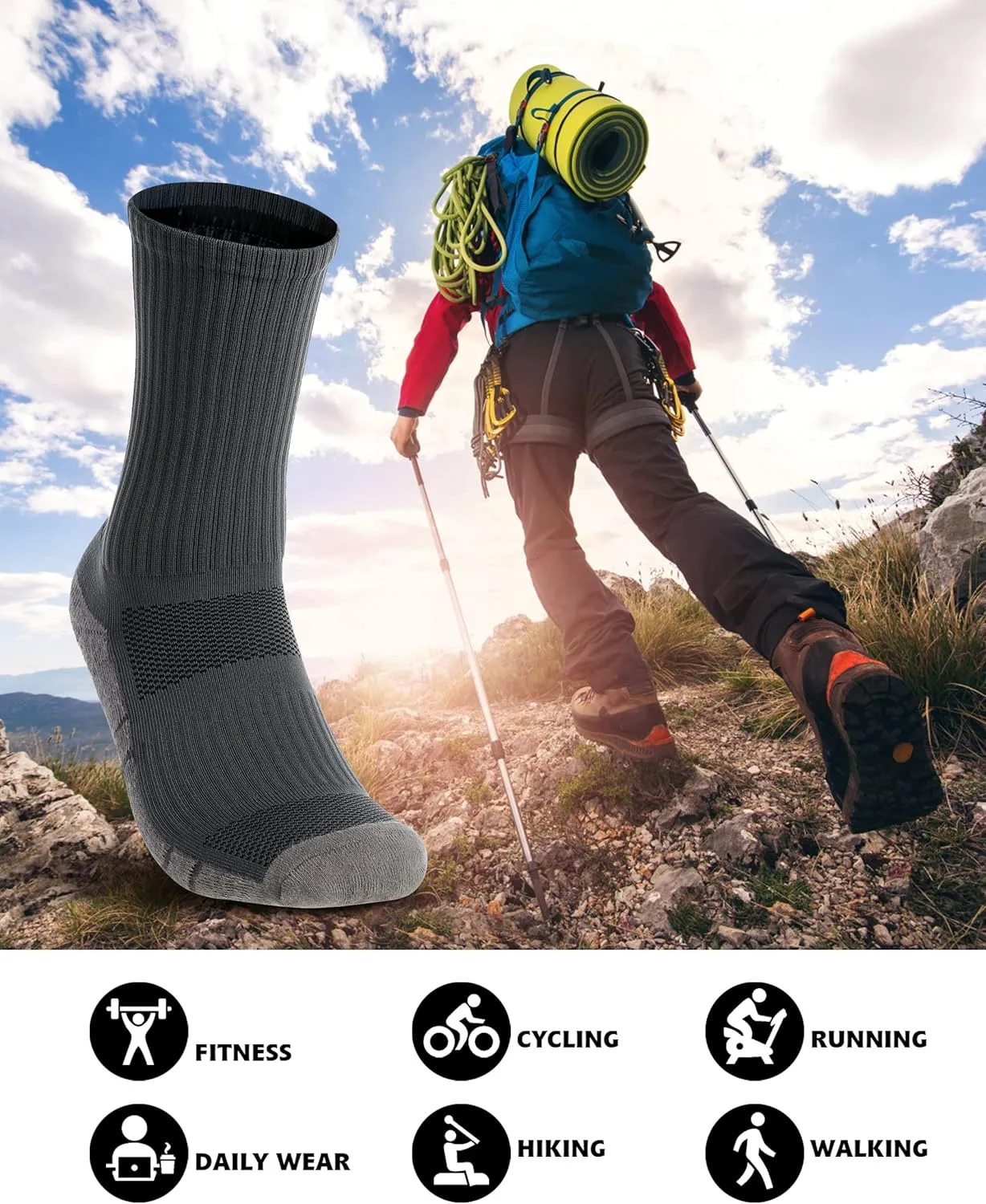 Rapoo Men's Moisture Wicking Outdoor Hiking Work Compression Cushion Crew Socks 3 Pack