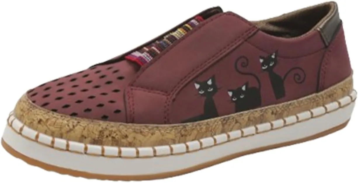 Rayootd Orthopedic Shoes for Women with Cats, Casual Hollow Lightweight Flat Shoes for Women Elastic Slip-On Loafers Black Cat Shoes Women Running Breathable Sports Shoes Indoor Running Shoes