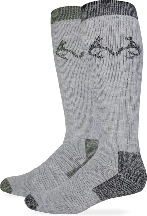 Realtree Men's Merino Wool Blend Boot Socks, 2 Pairs, Grey Black/Olive Tip, LARGE