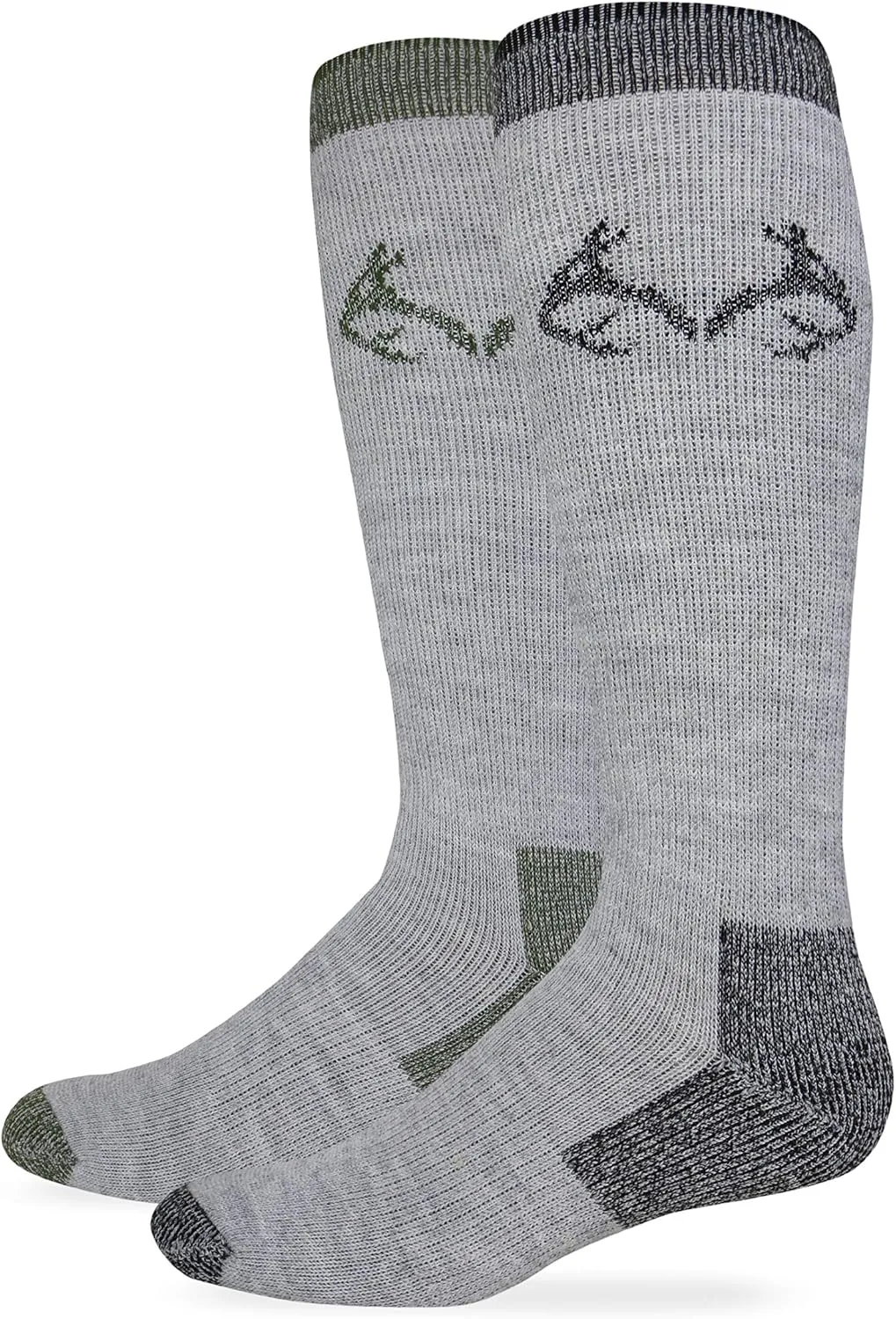 Realtree Men's Merino Wool Blend Boot Socks, 2 Pairs, Grey Black/Olive Tip, LARGE
