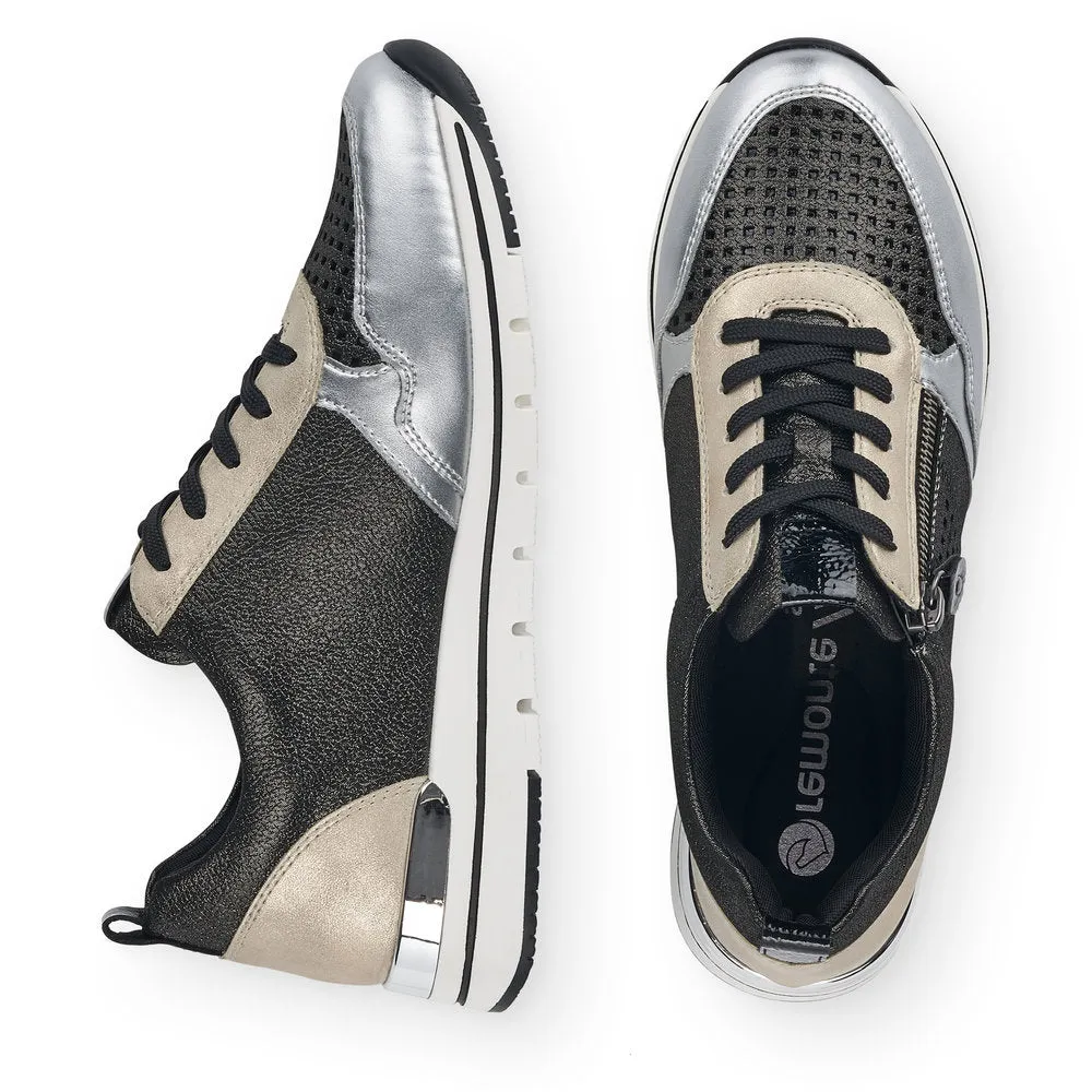 REMONTE - R6702-02 LACED FASHION SHOE WITH ZIP - BLACK/SILVER