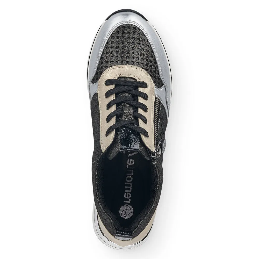 REMONTE - R6702-02 LACED FASHION SHOE WITH ZIP - BLACK/SILVER