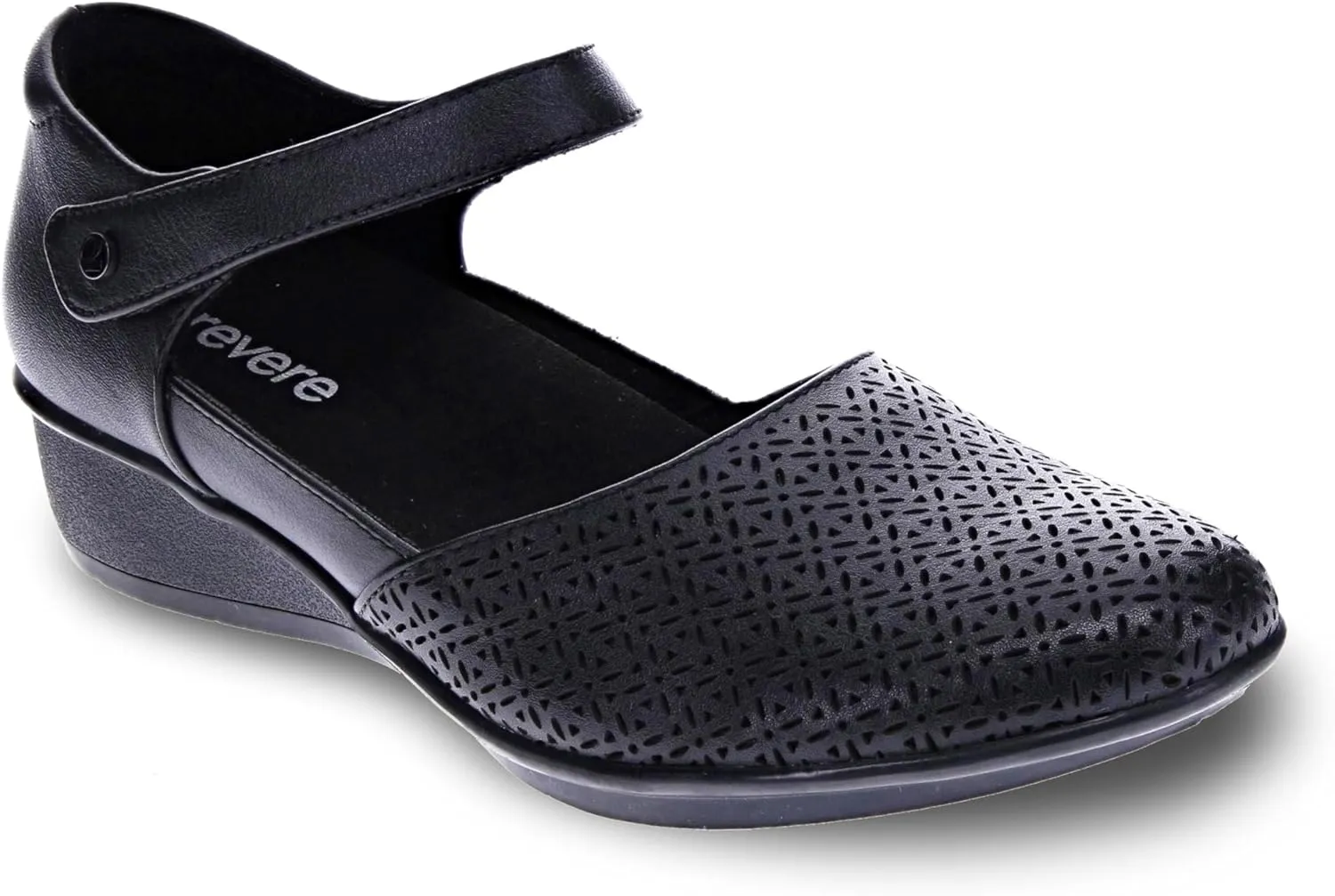 Revere Osaka Mary Jane Laser Cut - Premium Leather - Orthotic-Friendly Removable Insoles - Adjustable Strap - Arch Support - Stylish Wedges for All-Day Comfort Black 5-5.5M US