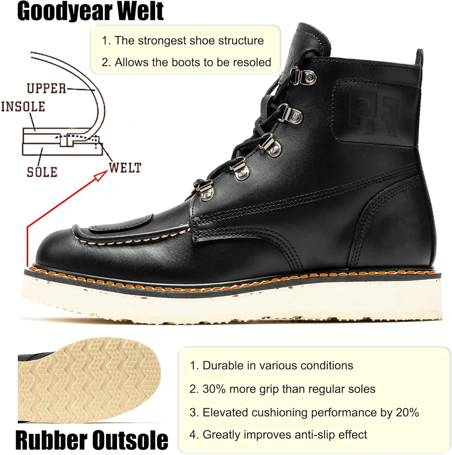 ROCKROOSTER Magnolia 6" Side-Zipper Wedge Boots for Men, Lightweight Soft Moc Toe Motorcycle Boots SAP309-Brown, SAP309BK-Black, SAP310-Black