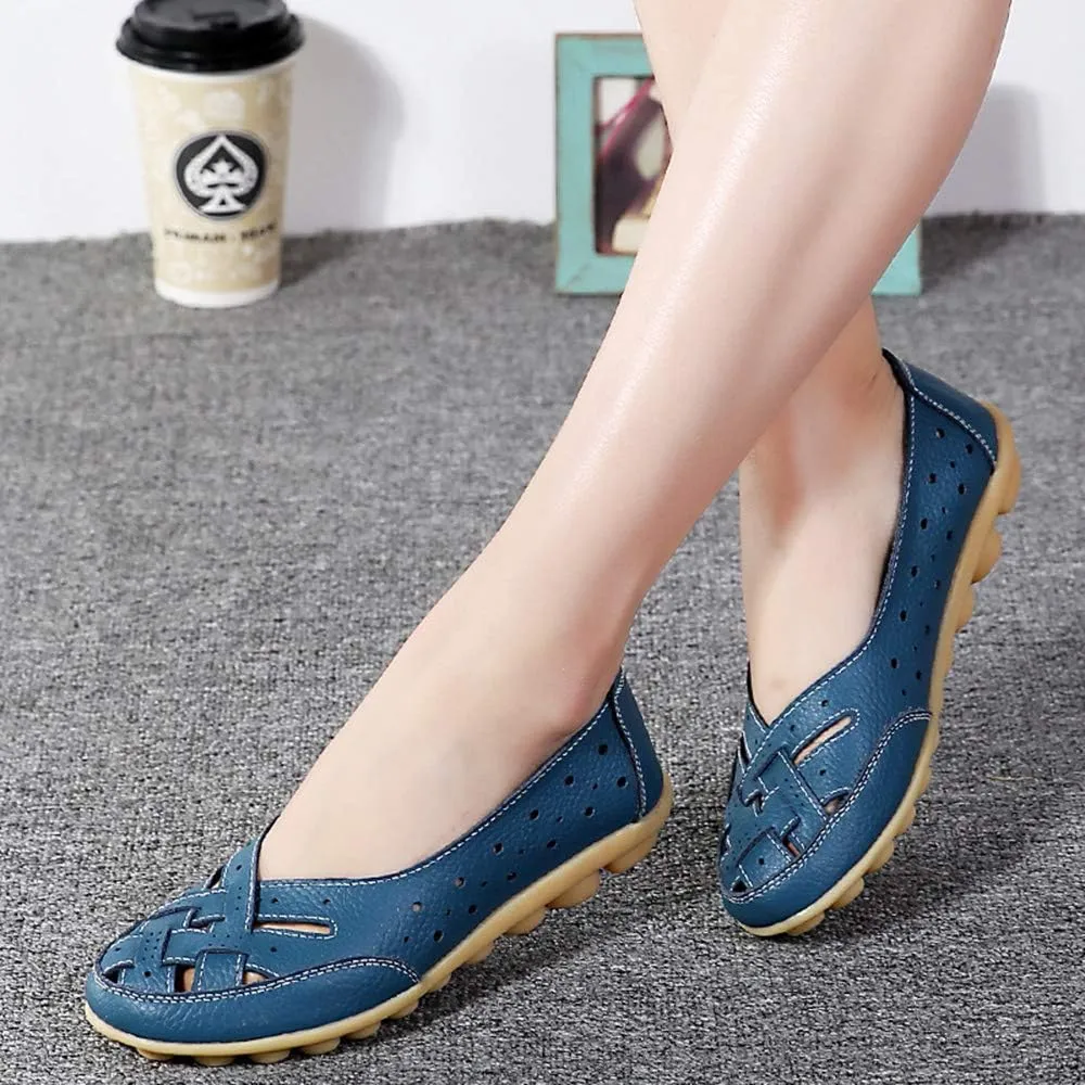 Rojeam Women's Casual Leather Moccasins Slip-on Loafers Boat Shoes Flats Driving Shoes Sandals