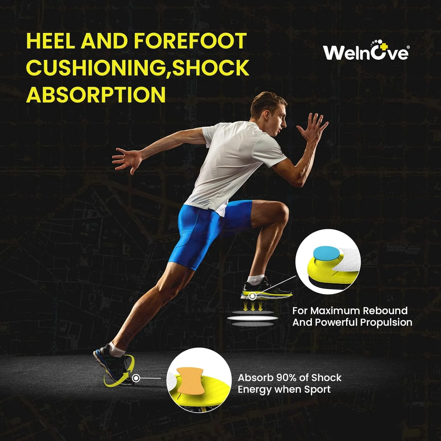 Running Sports Insoles Plantar Fasciitis - Welnove Athletic Inserts Arch Support for Flat Feet - Shock Absorption Insoles Foot Pain Fatigue Relief, Enhance Performance, Fit Most Shoes, Men Women (M)