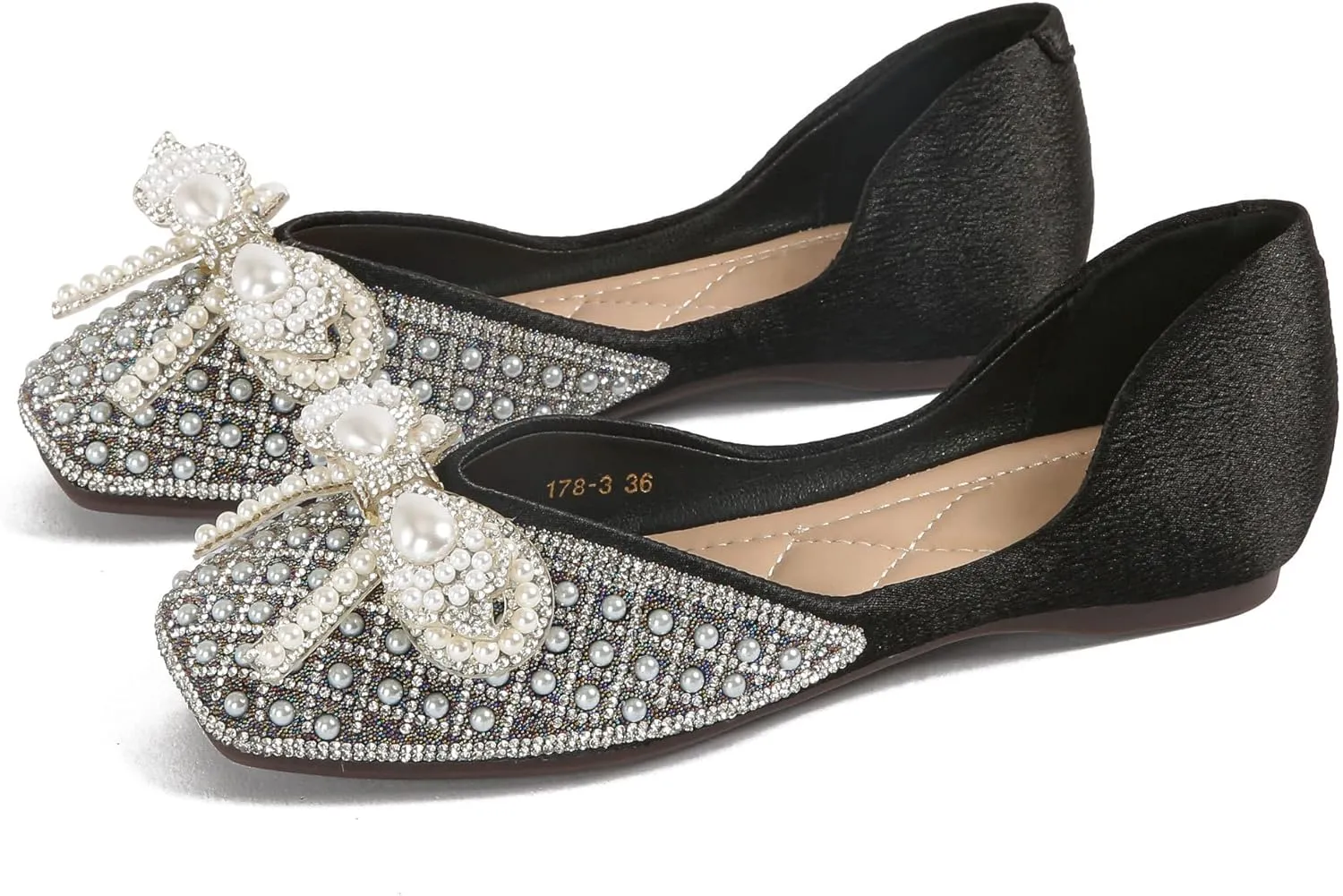 SAILING LU Rhinestones Flats Bow-Knot Shoes Women Dressy Square Toe Bridal Shoes for Wedding Comfortable Loafers Slip-ons