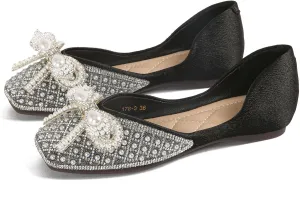 SAILING LU Rhinestones Flats Bow-Knot Shoes Women Dressy Square Toe Bridal Shoes for Wedding Comfortable Loafers Slip-ons