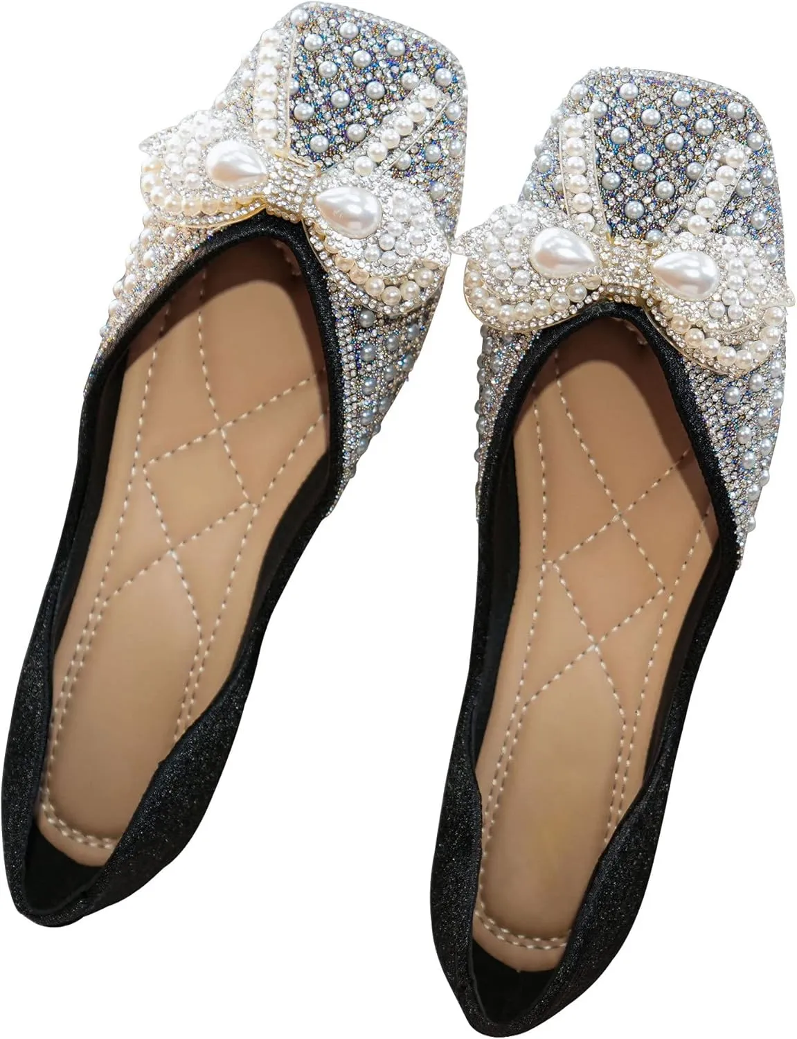SAILING LU Rhinestones Flats Bow-Knot Shoes Women Dressy Square Toe Bridal Shoes for Wedding Comfortable Loafers Slip-ons