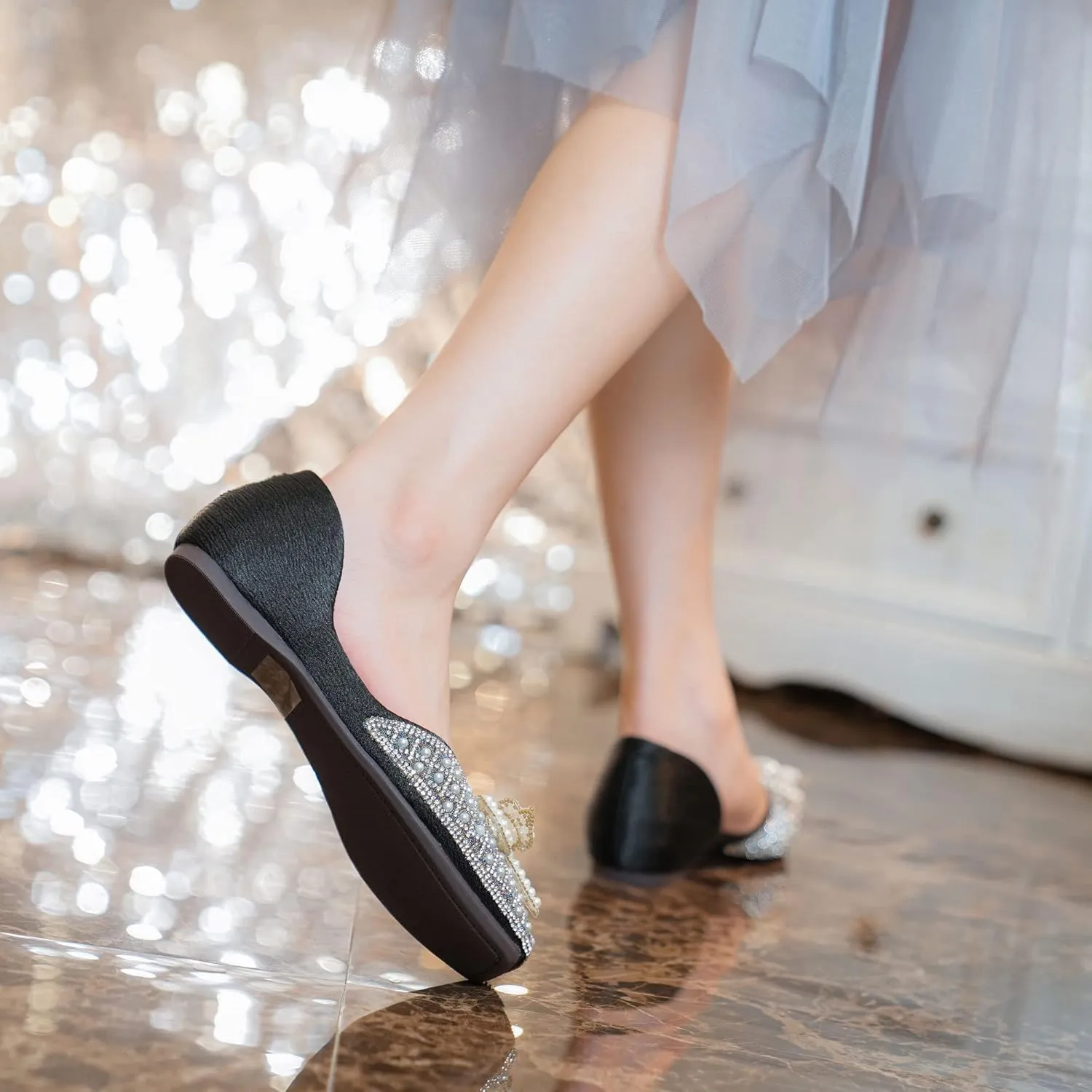 SAILING LU Rhinestones Flats Bow-Knot Shoes Women Dressy Square Toe Bridal Shoes for Wedding Comfortable Loafers Slip-ons