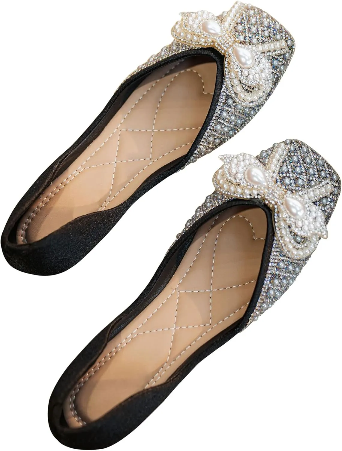 SAILING LU Rhinestones Flats Bow-Knot Shoes Women Dressy Square Toe Bridal Shoes for Wedding Comfortable Loafers Slip-ons