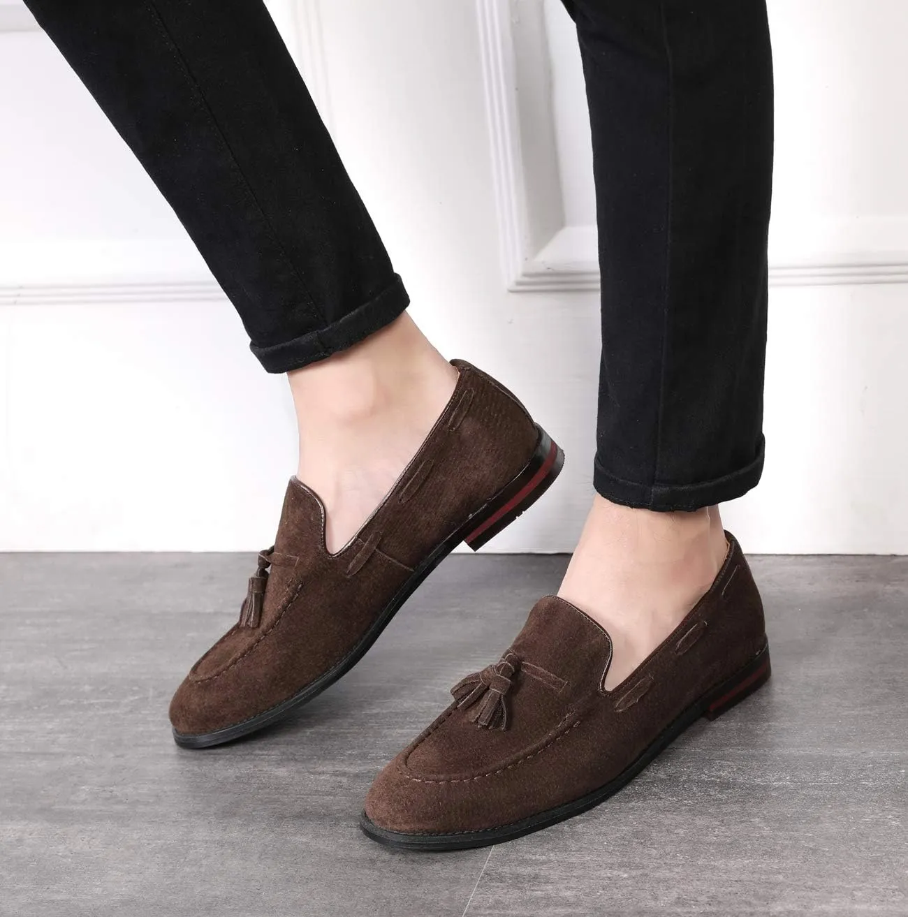 Santimon Mens Fashion Shoes Casual Dress Tassel Slip on Driving Flats Suede Loafers Black Brown Tan