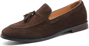 Santimon Mens Fashion Shoes Casual Dress Tassel Slip on Driving Flats Suede Loafers Black Brown Tan