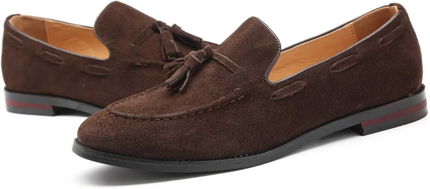 Santimon Mens Fashion Shoes Casual Dress Tassel Slip on Driving Flats Suede Loafers Black Brown Tan
