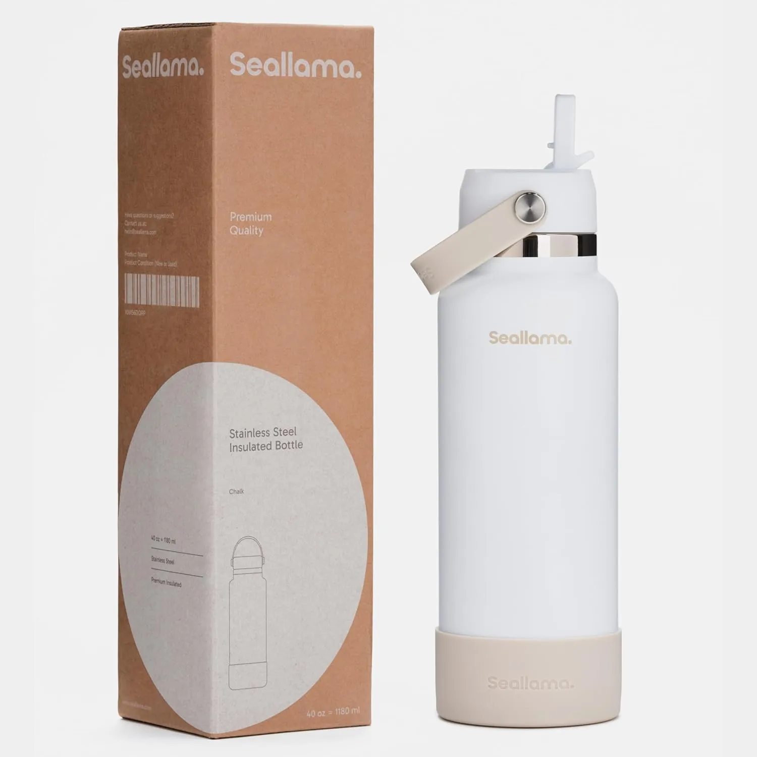 Seallama. Stainless Steel Wide Mouth Water Bottle - 2 Lids (Flex Straw Lid) and Double-Wall Vacuum Insulation - Leak Proof, BPA-Free, for Travel, Sports, School, and Car (Chalk, 40 oz)