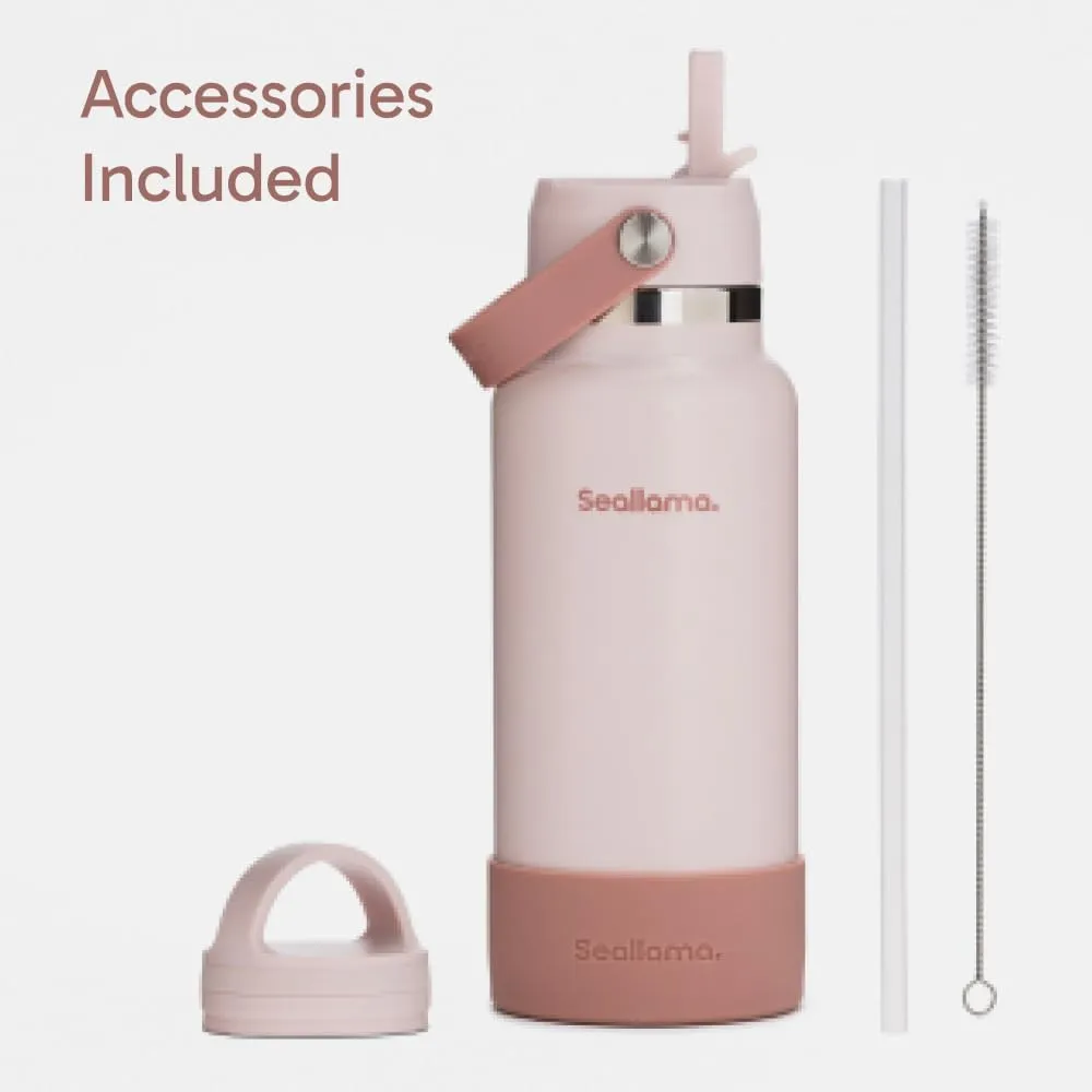 Seallama. Stainless Steel Wide Mouth Water Bottle - 2 Lids (Flex Straw Lid) and Double-Wall Vacuum Insulation - Leak Proof, BPA-Free, for Travel, Sports, School, and Car (Clay, 32 oz)