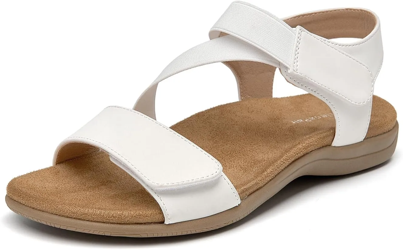 SelenePair Women's Arch Support Walking Flat Sandals Comfort Orthotic Slides With Hook And Loop Fasteners