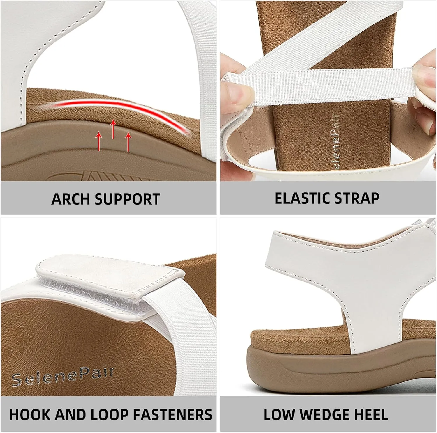 SelenePair Women's Arch Support Walking Flat Sandals Comfort Orthotic Slides With Hook And Loop Fasteners
