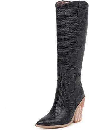 SHEMEE Women's Snake Skin Knee High Boots Chunky Heels Western Cowboy Cowgirl Boots Snakeskin Print Block Heeled Tall Boots