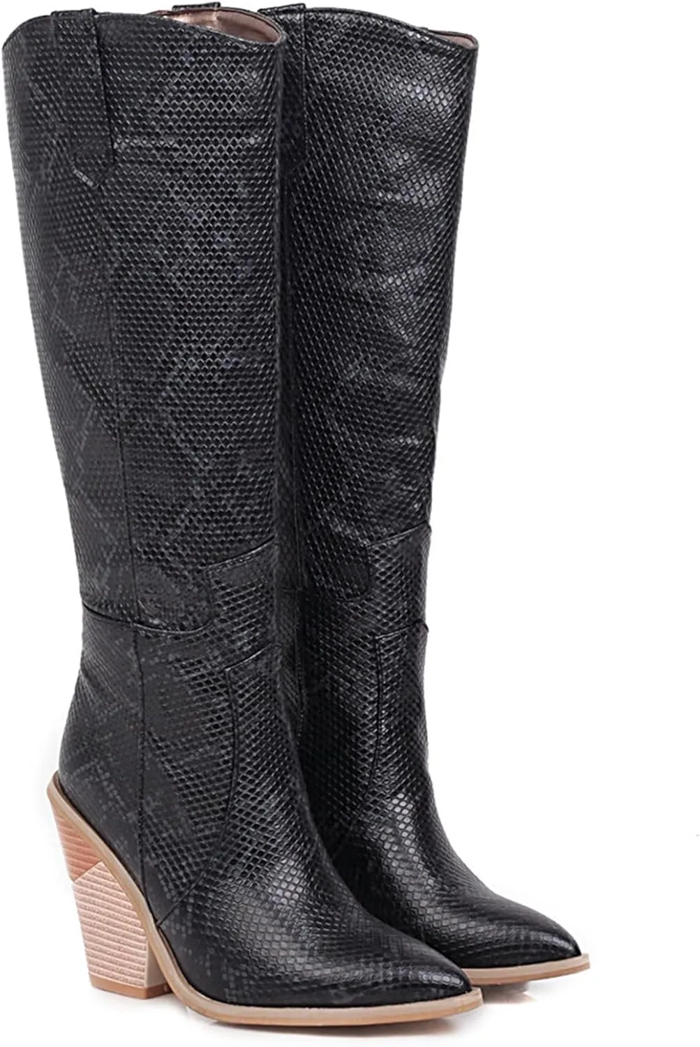 SHEMEE Women's Snake Skin Knee High Boots Chunky Heels Western Cowboy Cowgirl Boots Snakeskin Print Block Heeled Tall Boots