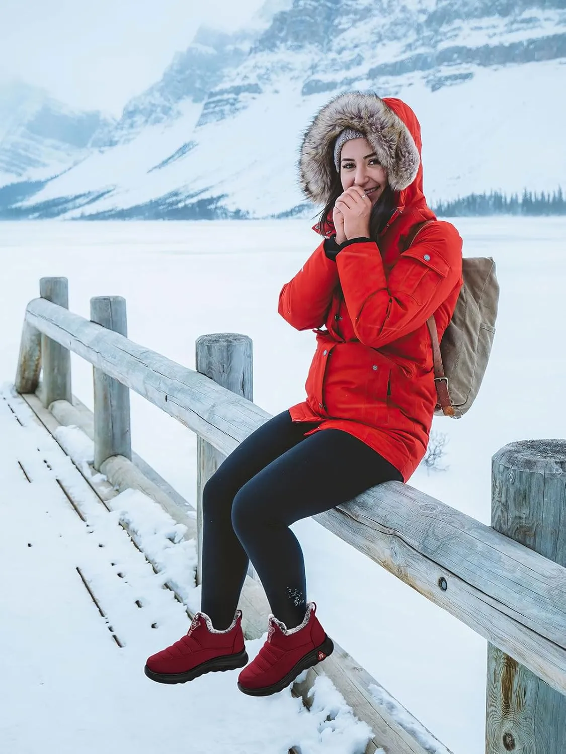 SHIBEVER Winter Boots for Women: Black Warm Fur Lined Slip on Ankle Snow Boots Comfortable Waterproof Outdoor Shoes Size