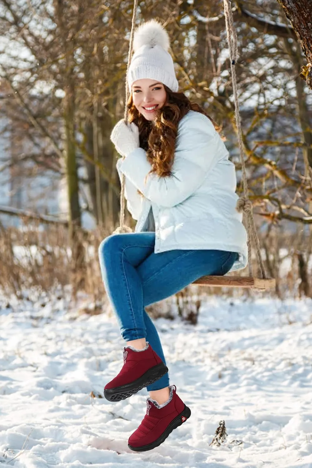 SHIBEVER Winter Boots for Women: Black Warm Fur Lined Slip on Ankle Snow Boots Comfortable Waterproof Outdoor Shoes Size