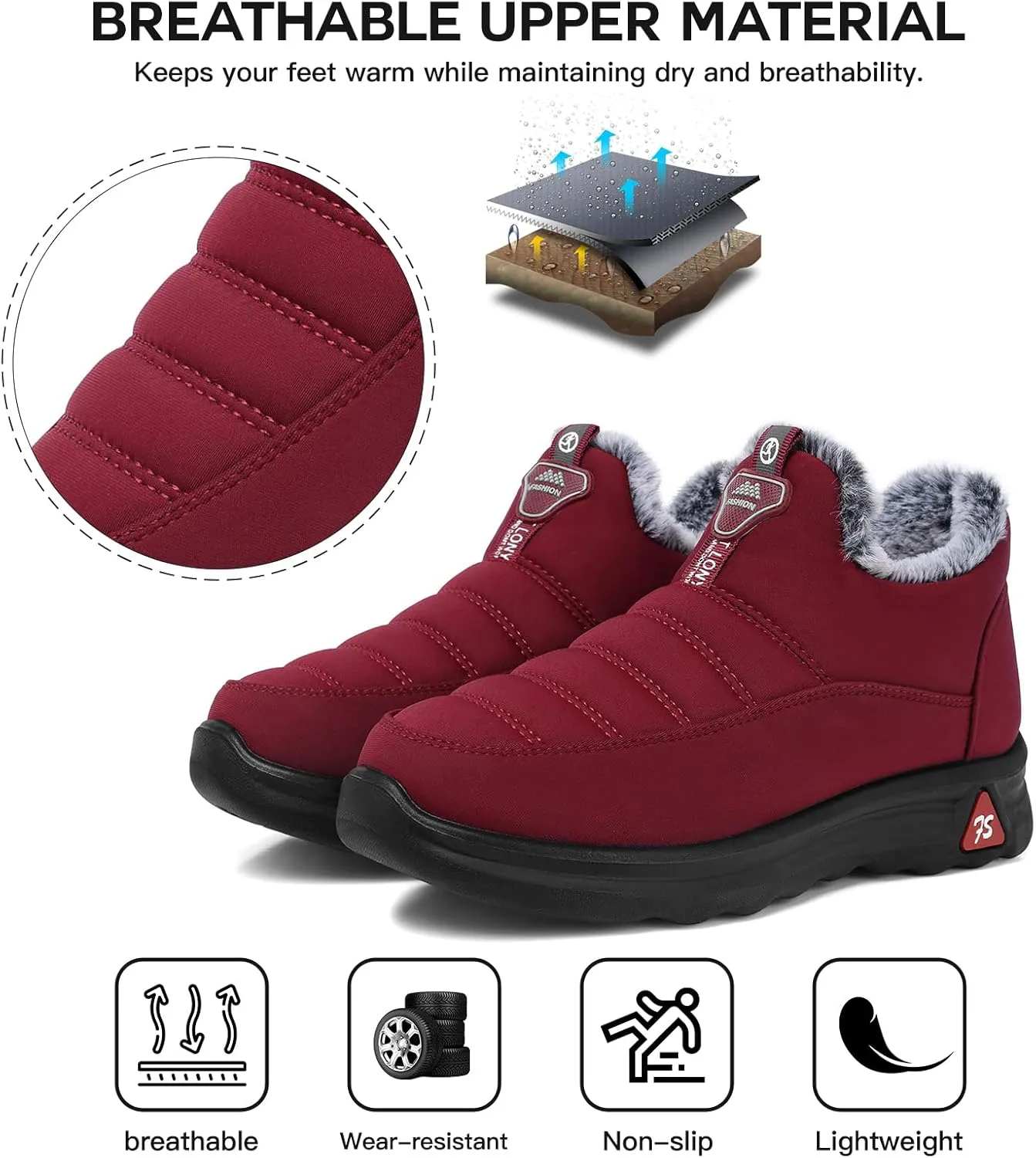 SHIBEVER Winter Boots for Women: Black Warm Fur Lined Slip on Ankle Snow Boots Comfortable Waterproof Outdoor Shoes Size