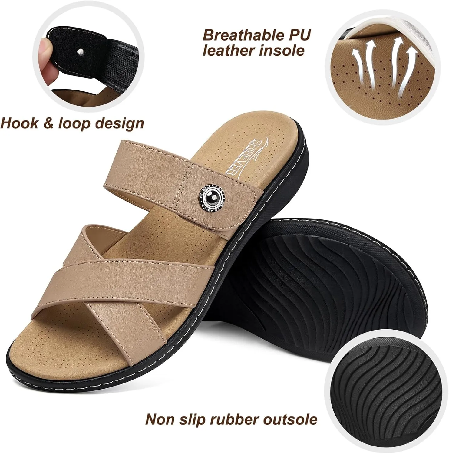 SHIBEVER Women Slides Summer Sandals: Arch Support, Comfort Walking, Adjustable Strap, Open Toe Flat Sandals Size 5-11