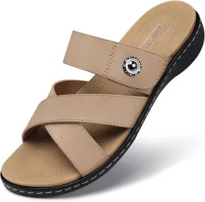 SHIBEVER Women Slides Summer Sandals: Arch Support, Comfort Walking, Adjustable Strap, Open Toe Flat Sandals Size 5-11
