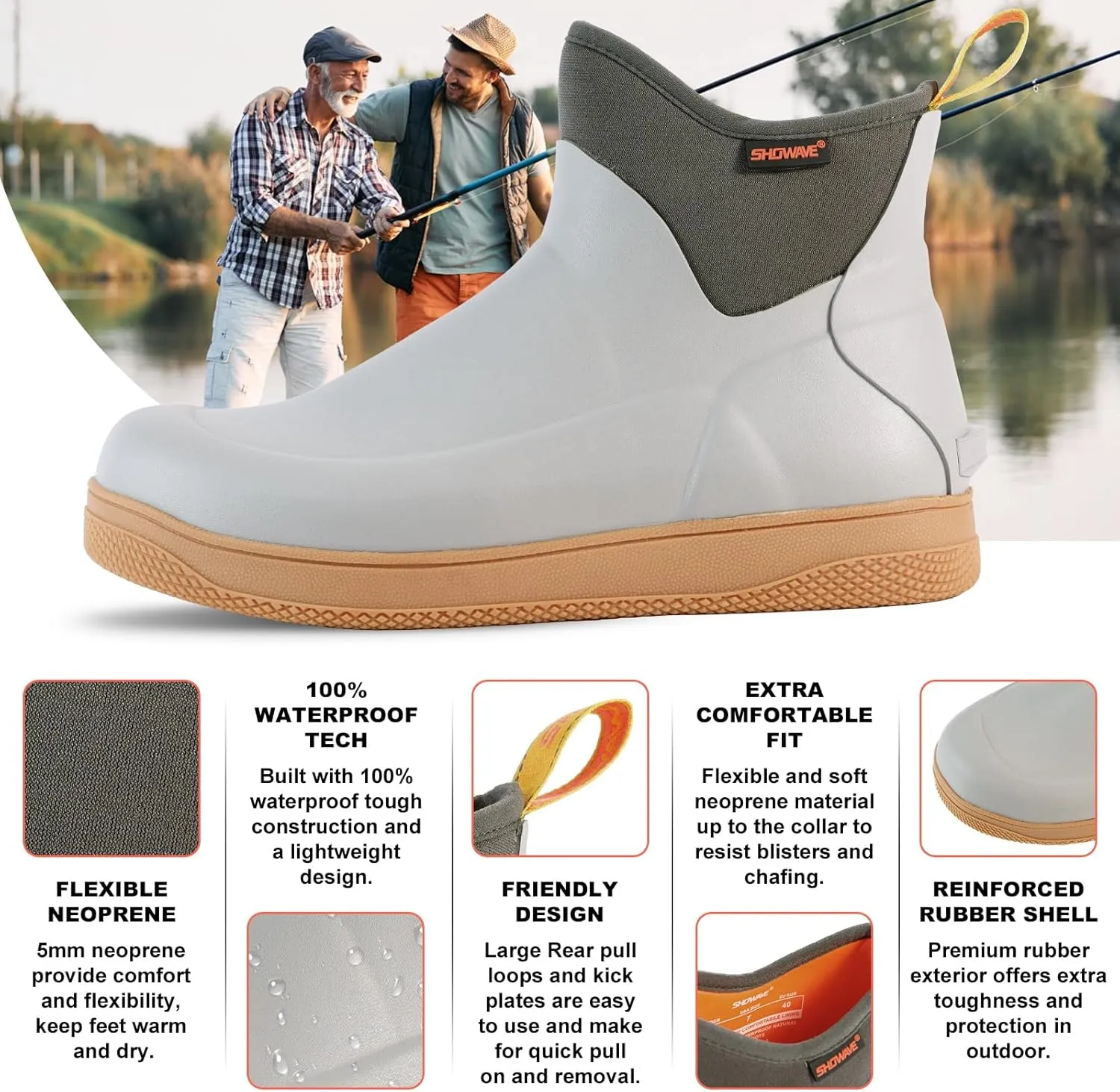 Showave Men's Deck Boots Waterproof Ankle Rain Boots Saltwater Fishing Booties Non-slip Outdoor Rubber Boots