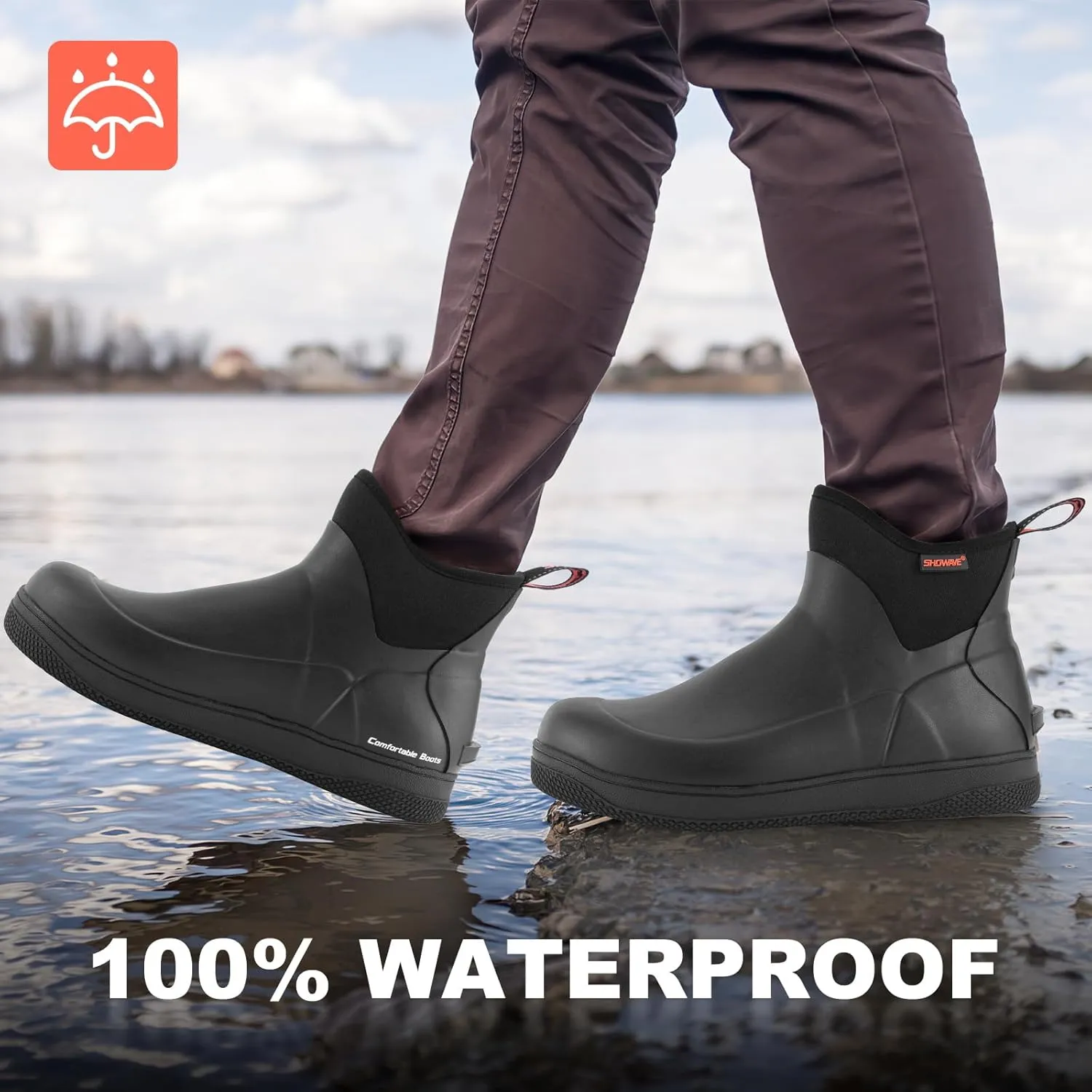Showave Men's Deck Boots Waterproof Ankle Rain Boots Saltwater Fishing Booties Non-slip Outdoor Rubber Boots
