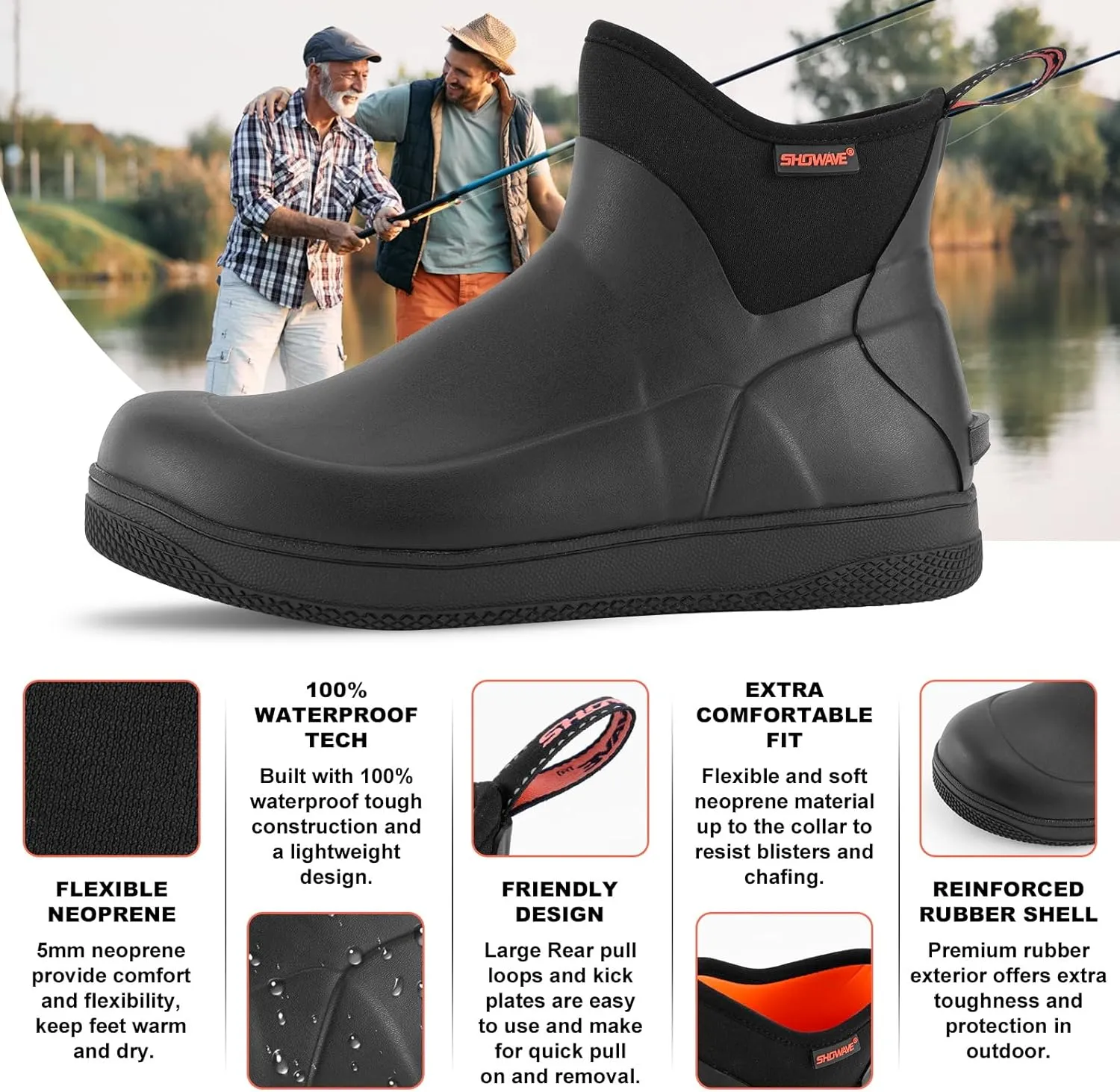 Showave Men's Deck Boots Waterproof Ankle Rain Boots Saltwater Fishing Booties Non-slip Outdoor Rubber Boots