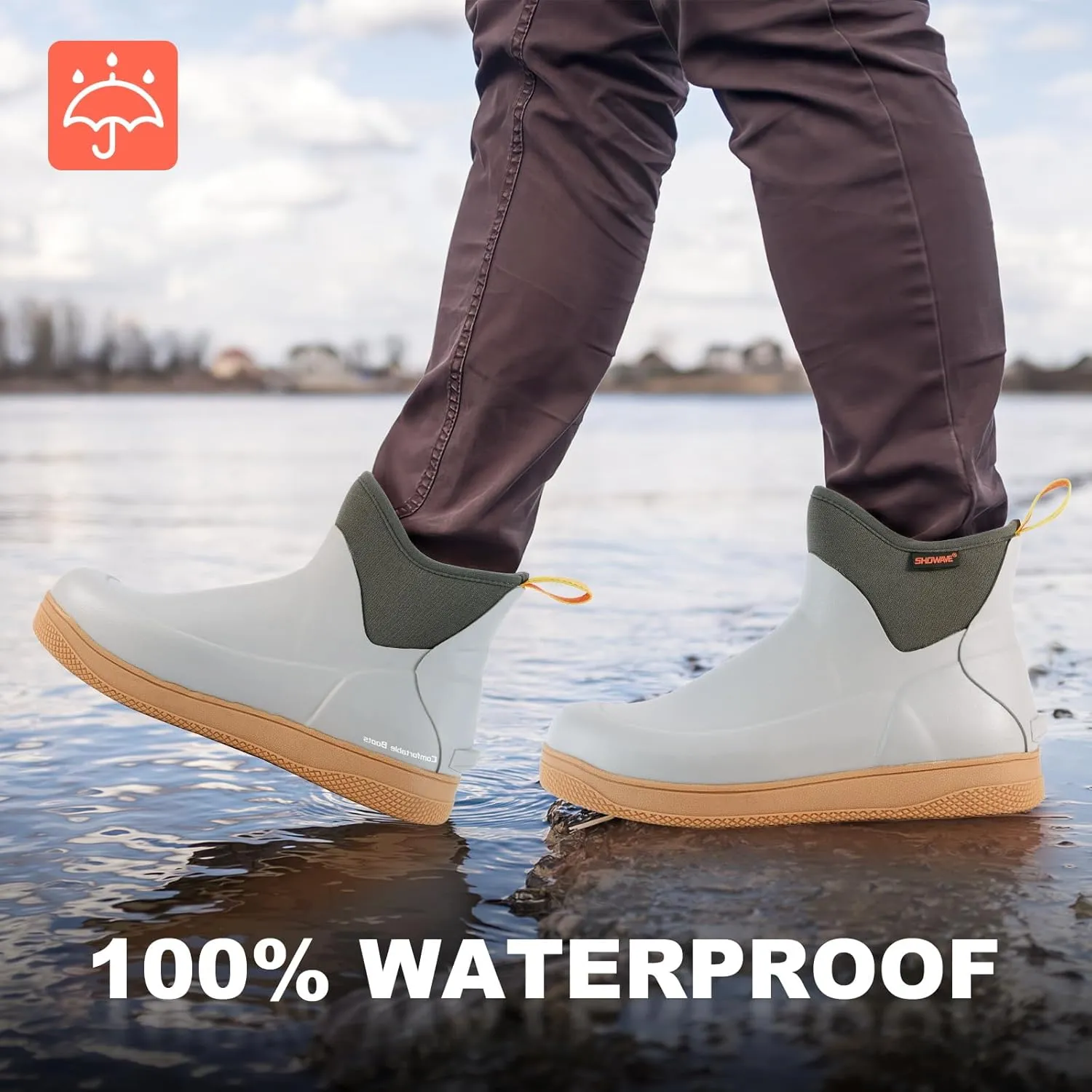 Showave Men's Deck Boots Waterproof Ankle Rain Boots Saltwater Fishing Booties Non-slip Outdoor Rubber Boots