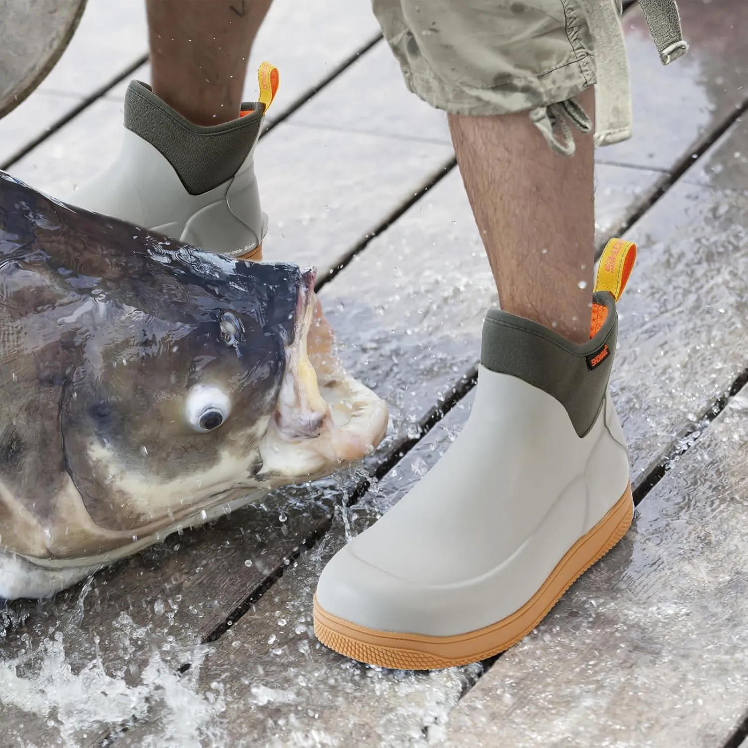 Showave Men's Deck Boots Waterproof Ankle Rain Boots Saltwater Fishing Booties Non-slip Outdoor Rubber Boots
