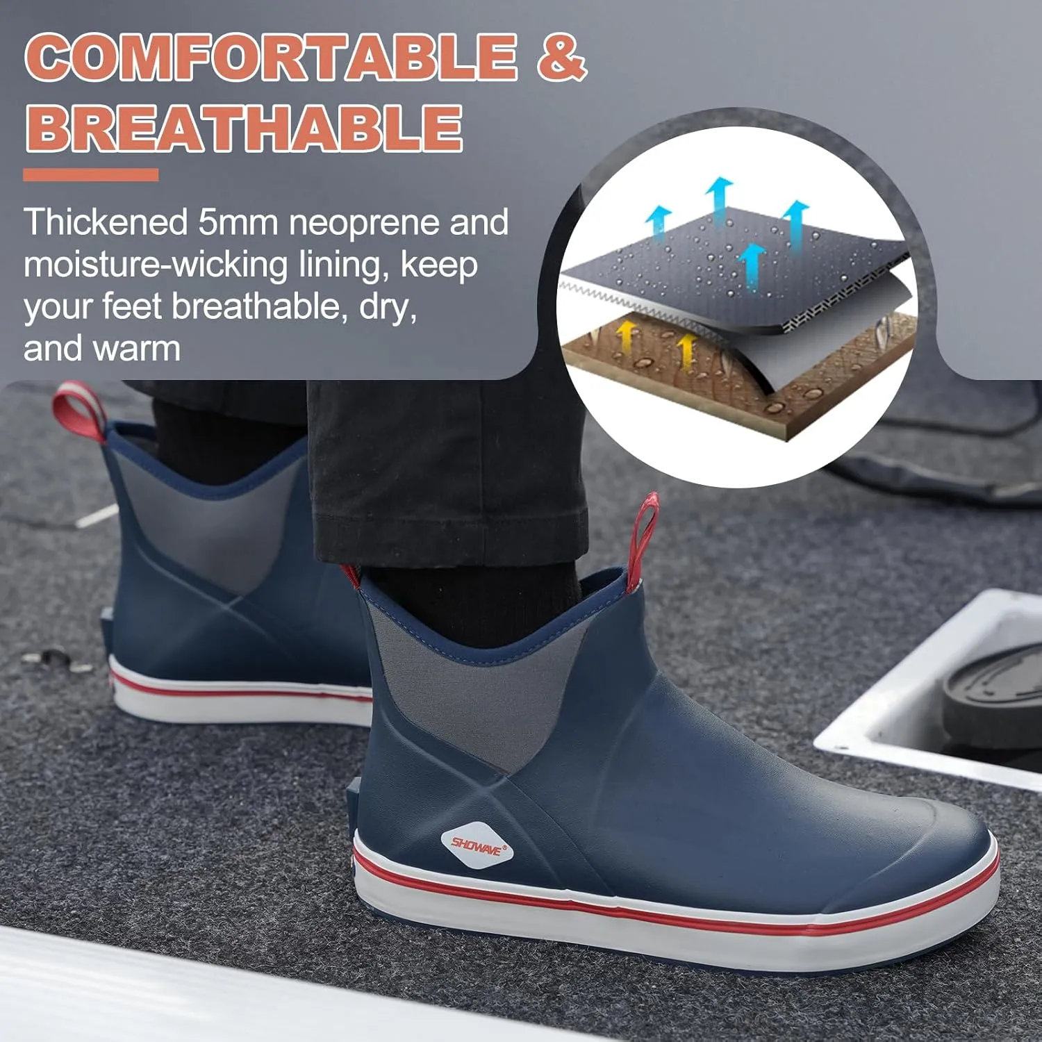 Showave Men's Deck Boots Waterproof Ankle Rubber Rain Boots Non-slip Boat Booties for Sailing Fishing and Outdoors