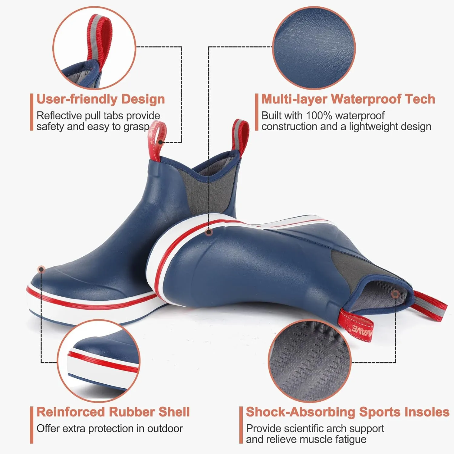 Showave Men's Deck Boots Waterproof Ankle Rubber Rain Boots Non-slip Boat Booties for Sailing Fishing and Outdoors