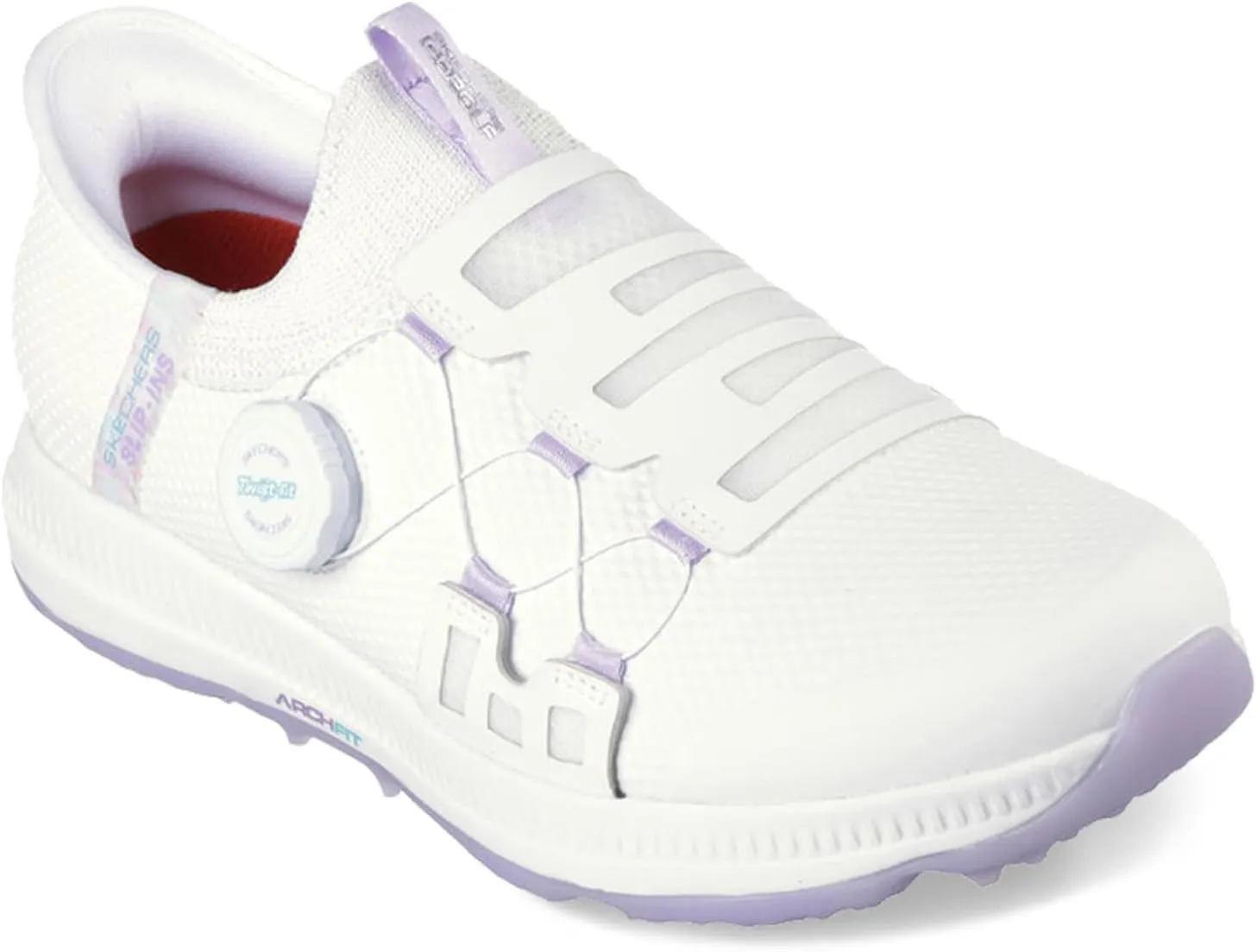 Skechers Women's Go Elite 5 Arch Fit Waterproof Slip in Golf Shoe Sneaker, White/Lavender, 7.5
