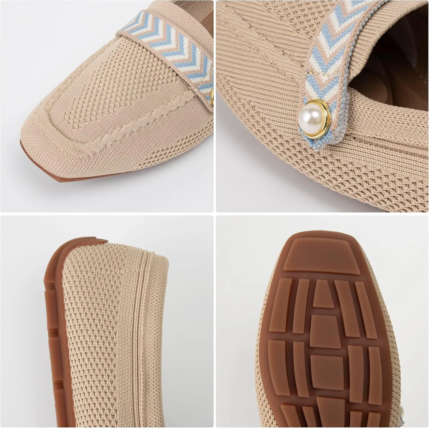 Slip On Knit Loafers for Women Comfortable Casual Women's Square Toe Loafer Flats Driving Work Dress Breathable Knitted Flat Shoes with Pearl Memory Foam
