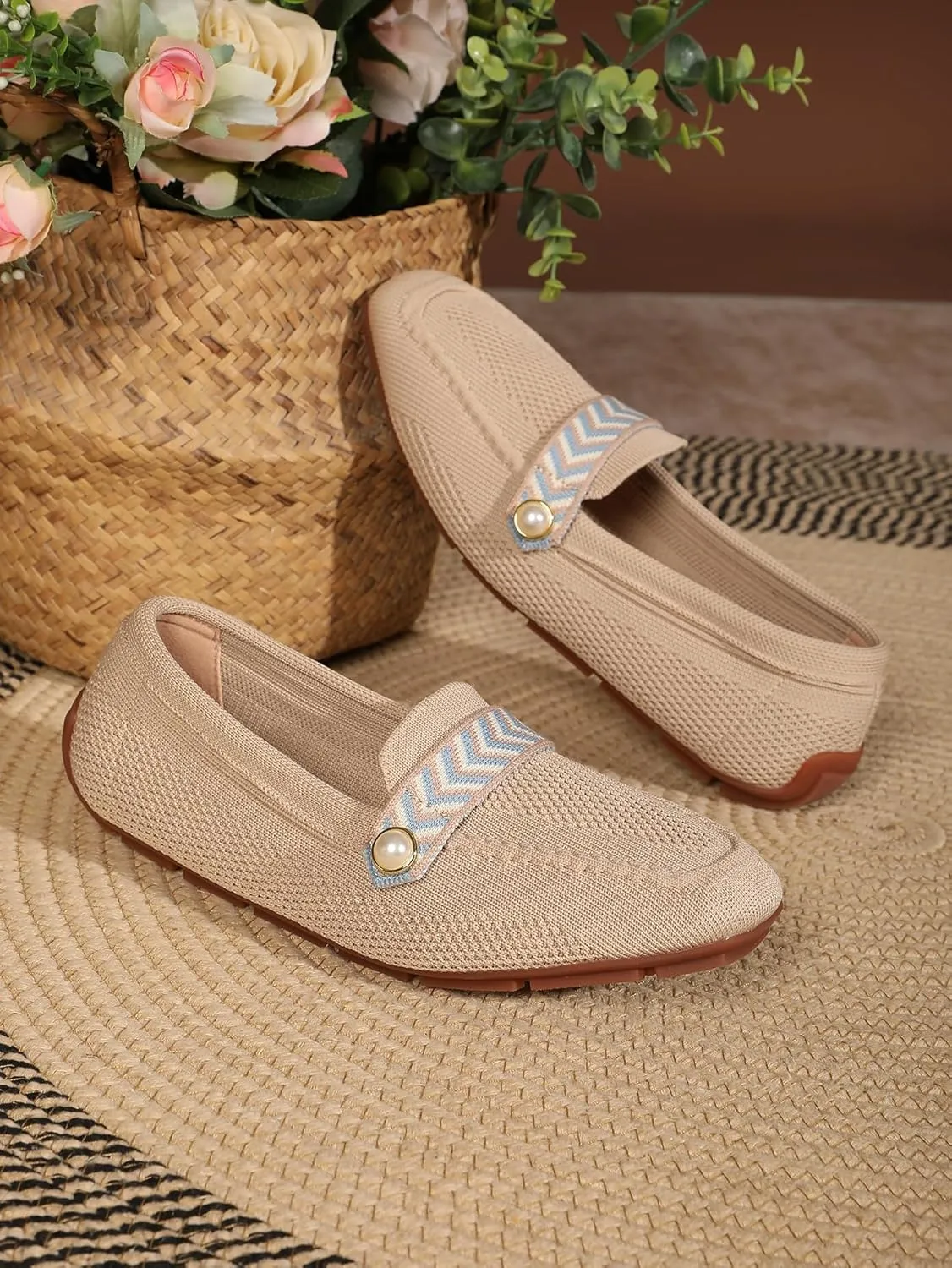 Slip On Knit Loafers for Women Comfortable Casual Women's Square Toe Loafer Flats Driving Work Dress Breathable Knitted Flat Shoes with Pearl Memory Foam