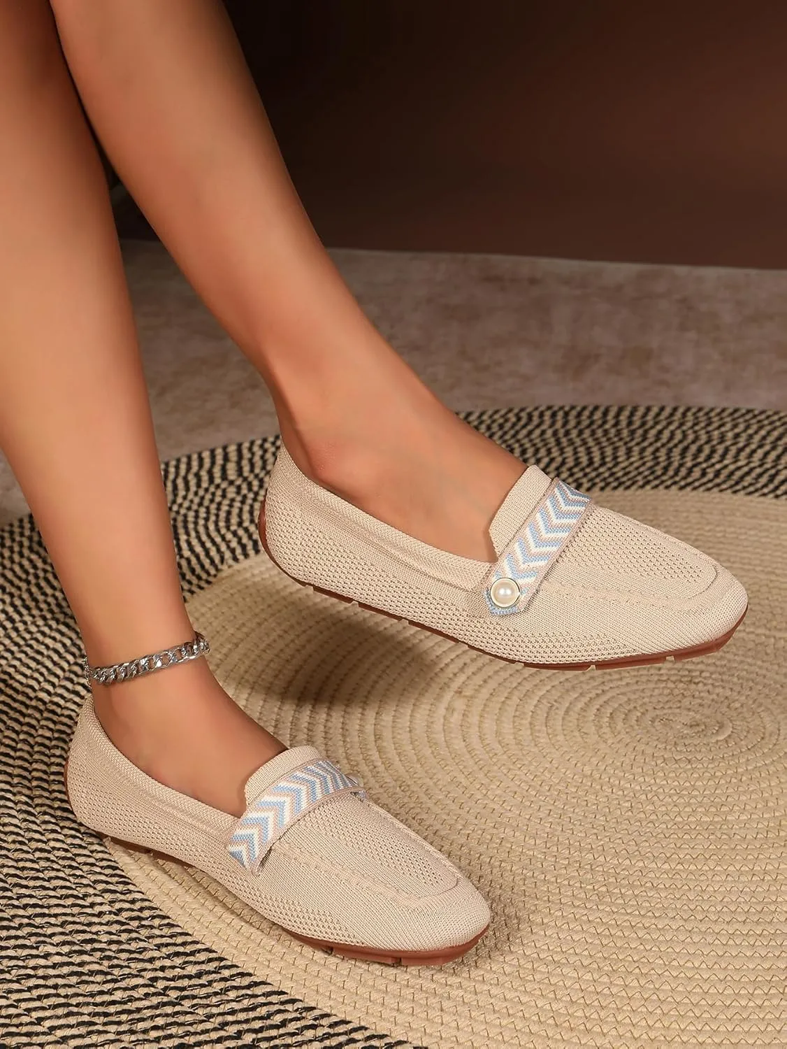 Slip On Knit Loafers for Women Comfortable Casual Women's Square Toe Loafer Flats Driving Work Dress Breathable Knitted Flat Shoes with Pearl Memory Foam