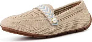 Slip On Knit Loafers for Women Comfortable Casual Women's Square Toe Loafer Flats Driving Work Dress Breathable Knitted Flat Shoes with Pearl Memory Foam