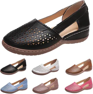 Slip On Loafers for Women Comfortable Leather Hollow Out Ballet Flats Vintage Round Toe Low Heels Orthopedic Sandals