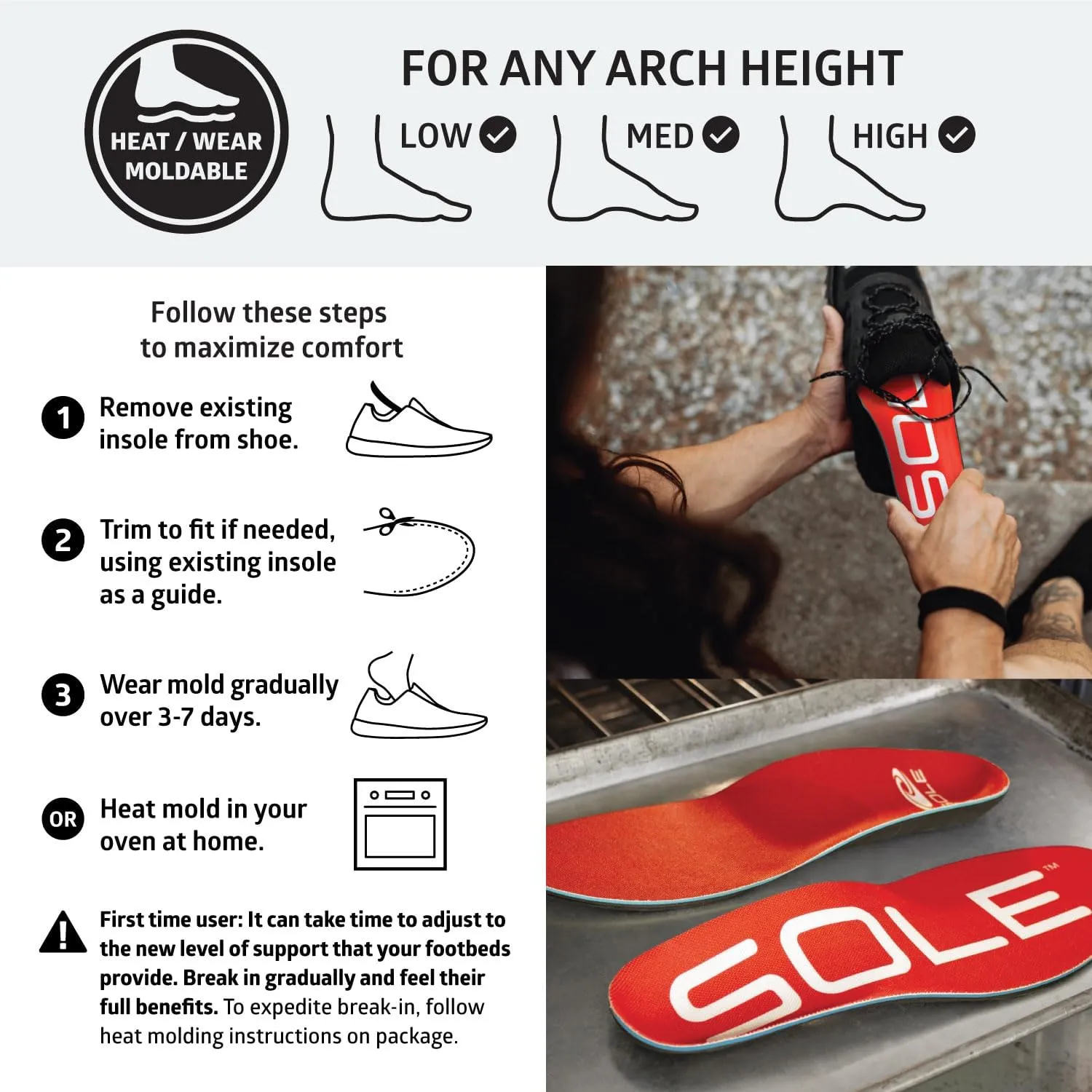 SOLE Active Medium Insoles – Orthotic Arch Support Inserts for Plantar Fasciitis Relief - Mens 5/Womens 7, 1 Pair